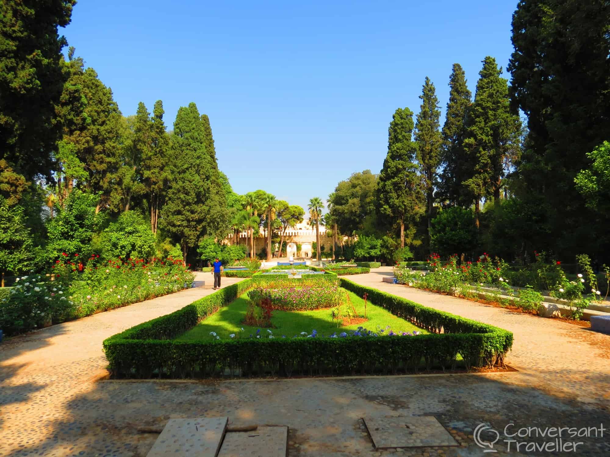 Strolling the public gardens between the main districts of Fes
