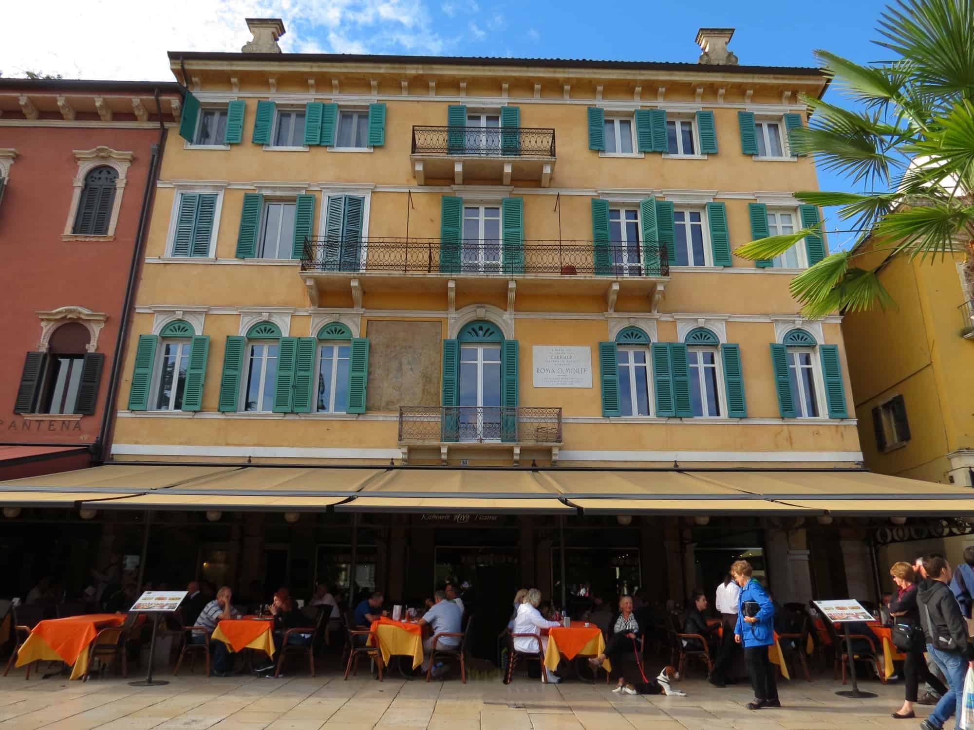The balcony used by Garibaldi as his stage in Piazza Bra, Verona