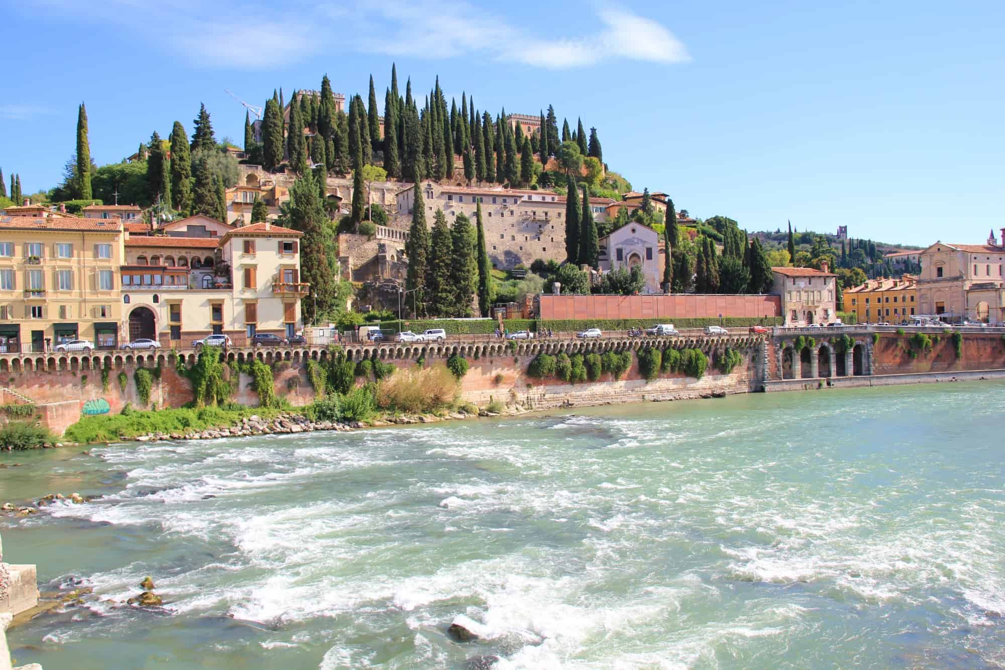 Looking up at San Castel from Ponte Pietra, Verona