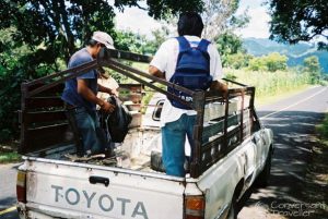 Our spot on this Guatemalan taxi was standing on the back bumper with 3 other 'passengers'