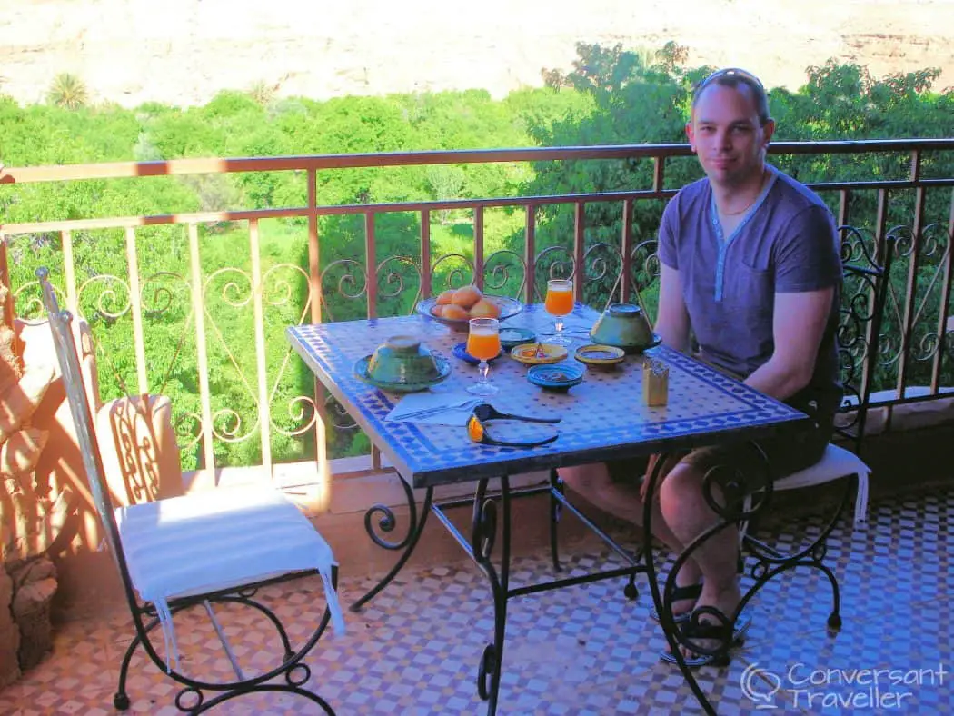 Hubbie loves breakfast at Kasbah Ellouze, Tamdaght, Morocco