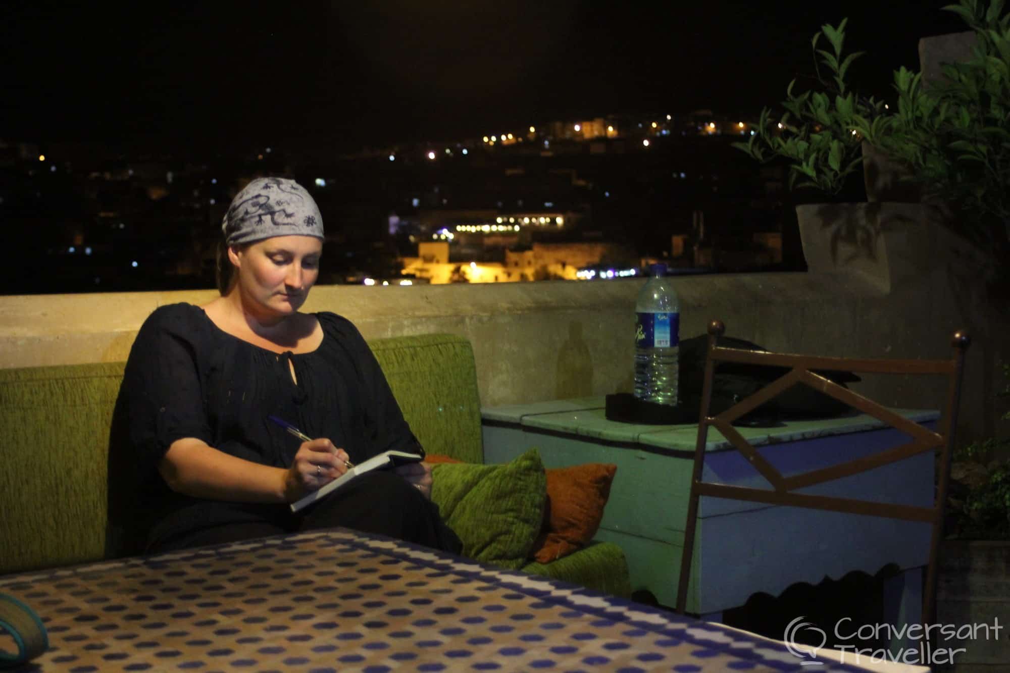 Journal writing on the terrace, Riad Laayoun, Fes, Morocco