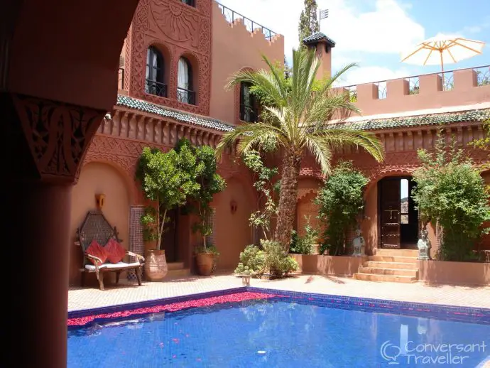 The rose petal pool at Kasbah Tamadot, and our bedroom door on the left!