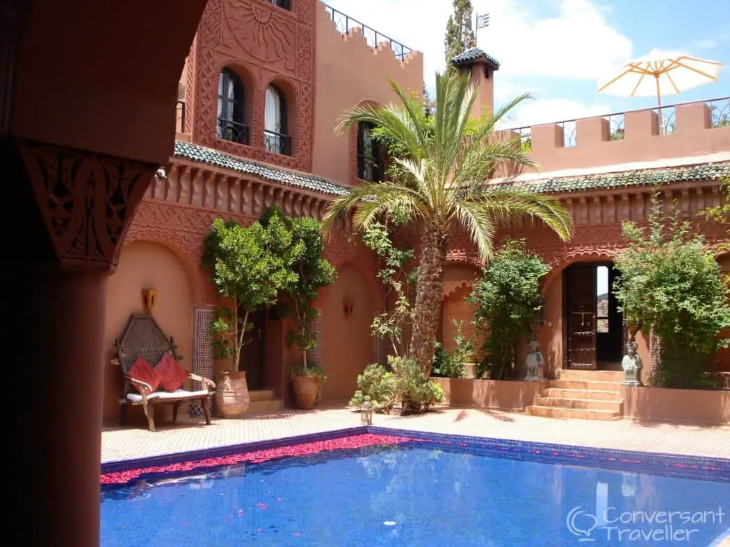 The rose petal pool at Kasbah Tamadot, and our bedroom door on the left!