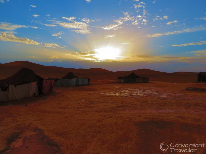 Tipping in Morocco - Sunset over camp at Erg Chigaga