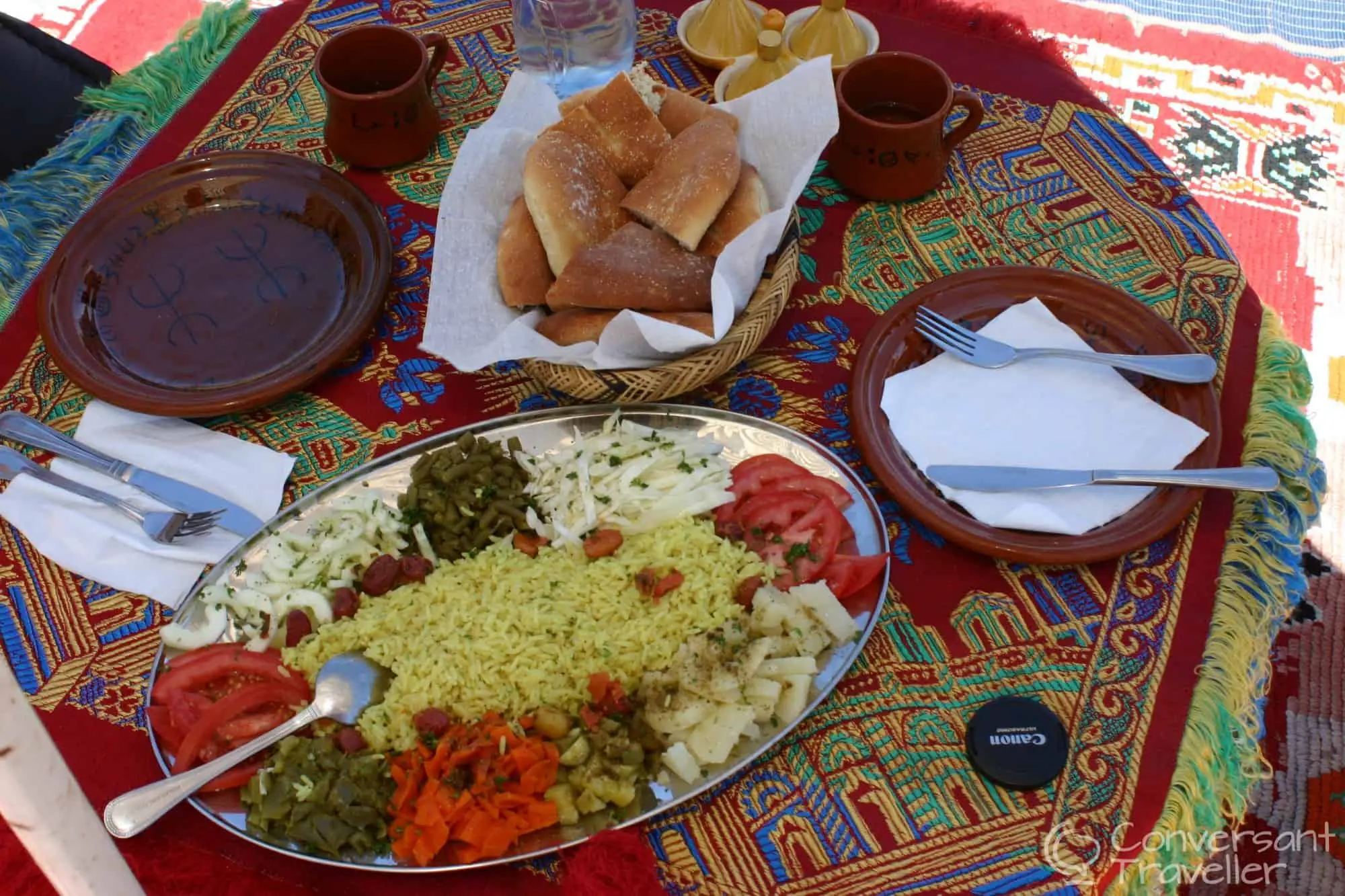 Tucking into some trademark Moroccan salads, by itself enough for a small army, Armed, Morocco