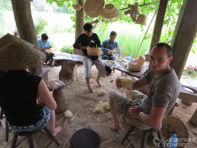 Hubbie is pleased with his attempts to weave a bamboo buffalo