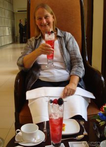 Mum enjoying an iced fruit infusion at One Aldwych, London