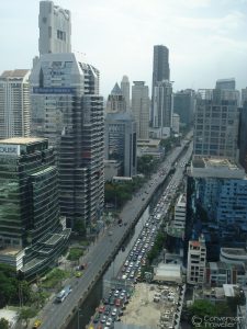 Most of these waiting vehicles are taxis, on South Sathorn Road, the view from our Sofitel So Bangkok suite
