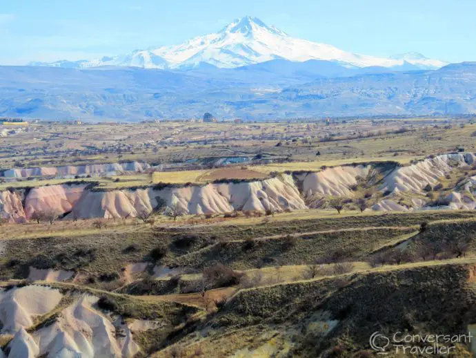 View of the 'Lonely Mountain' (Mount Erciyes) from Taskonaklar boutique hotel, Uchisar, Turkey