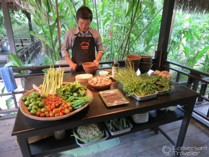 Our expert tutor Joy at the demonstration table, Tamarind Cooking School, Luang Prabang, Laos