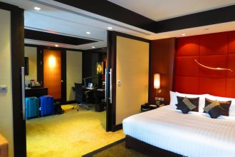 Bed in a hotel room