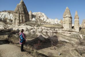 Rock landforms in a valley with a women in a pink dress looking at them.