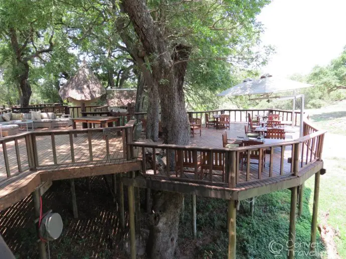 The dining terrace overlooking a dried up river bed used as a highway by the wildlife