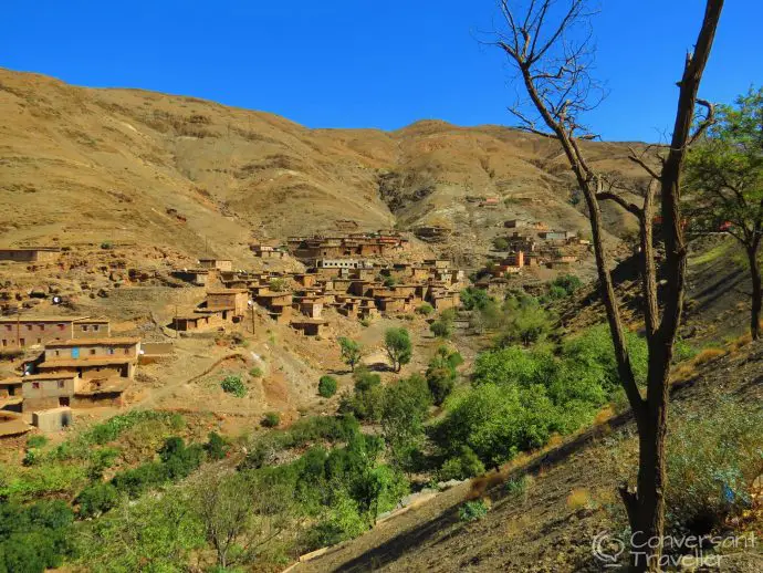 The road over the High Atlas is lined with hillside Berber villages