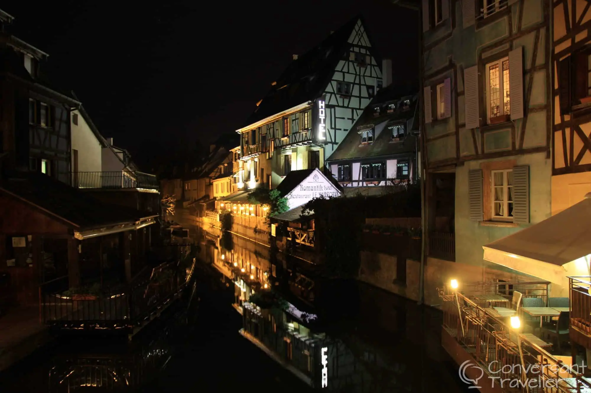 Arriving at night in Petite Venise, Colmar