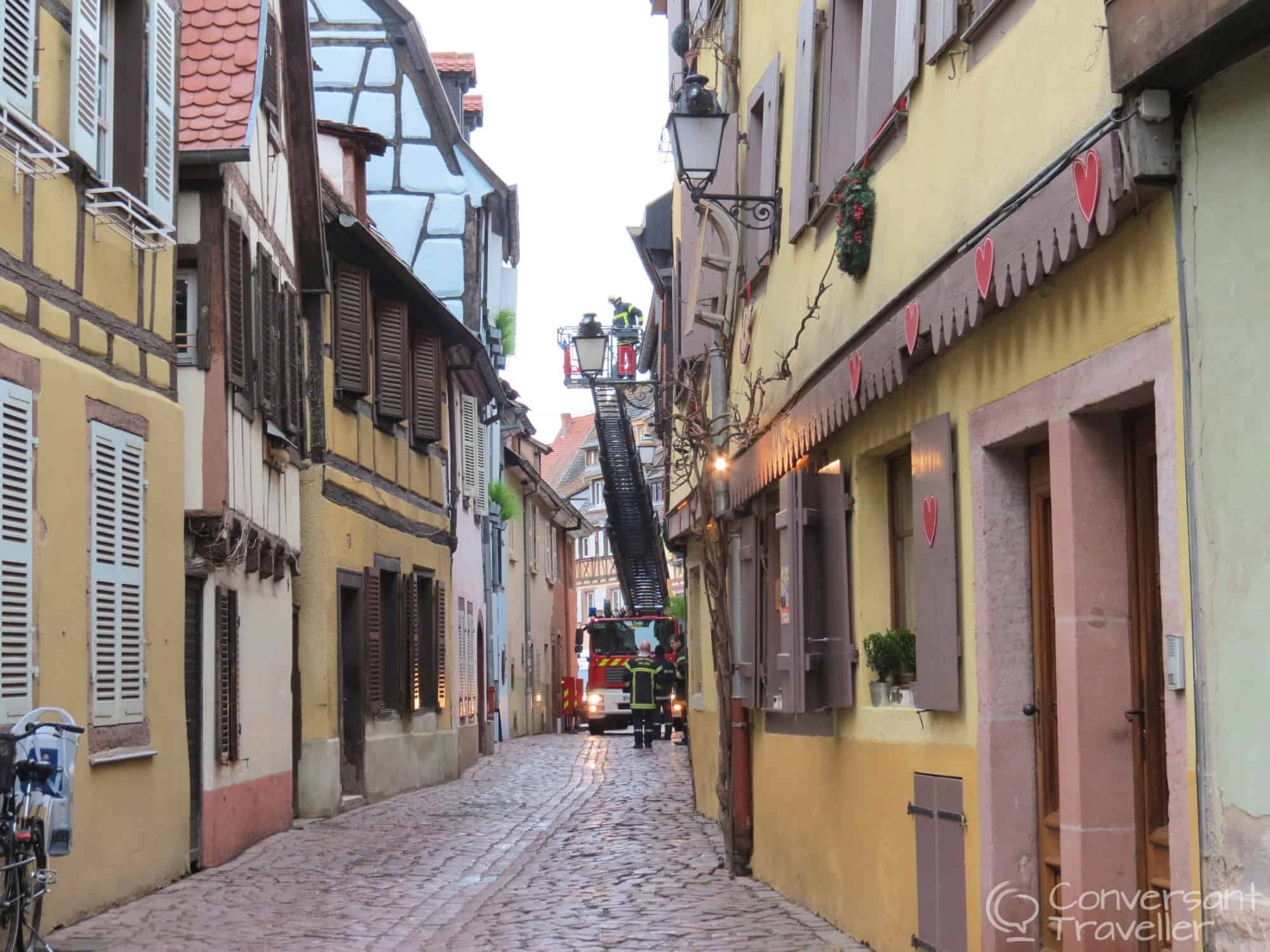 Just behind our hotel was the famous Rue de la Poissonerie...the firemen doing their drill show just how tight the cobbled street really is!