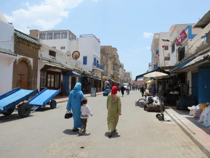 Old street with blue and white buildings in Essaouira