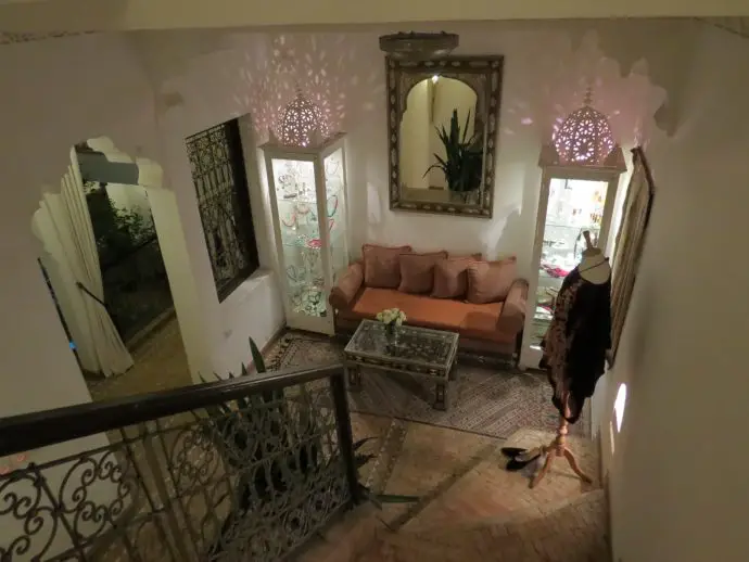 Window shopping on the first floor landing at luxury Marrakech Riad Assakina