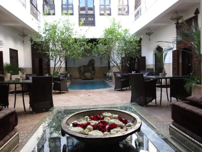 Patio and pool at luxury Marrakech Riad Assakina