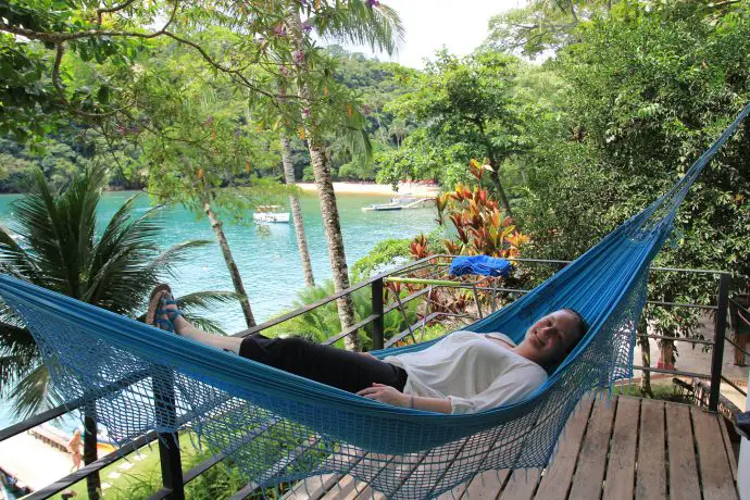 Relaxing in hammocks, Asalem, Ilha Grande, Brazil