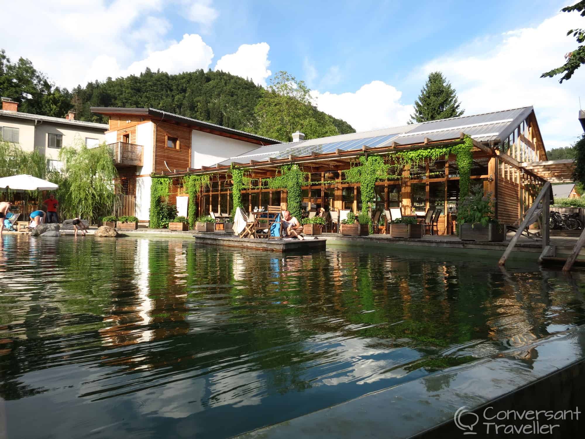 Greenhouse restaurant, sleeping in a tree house, Garden Village Bled, Slovenia