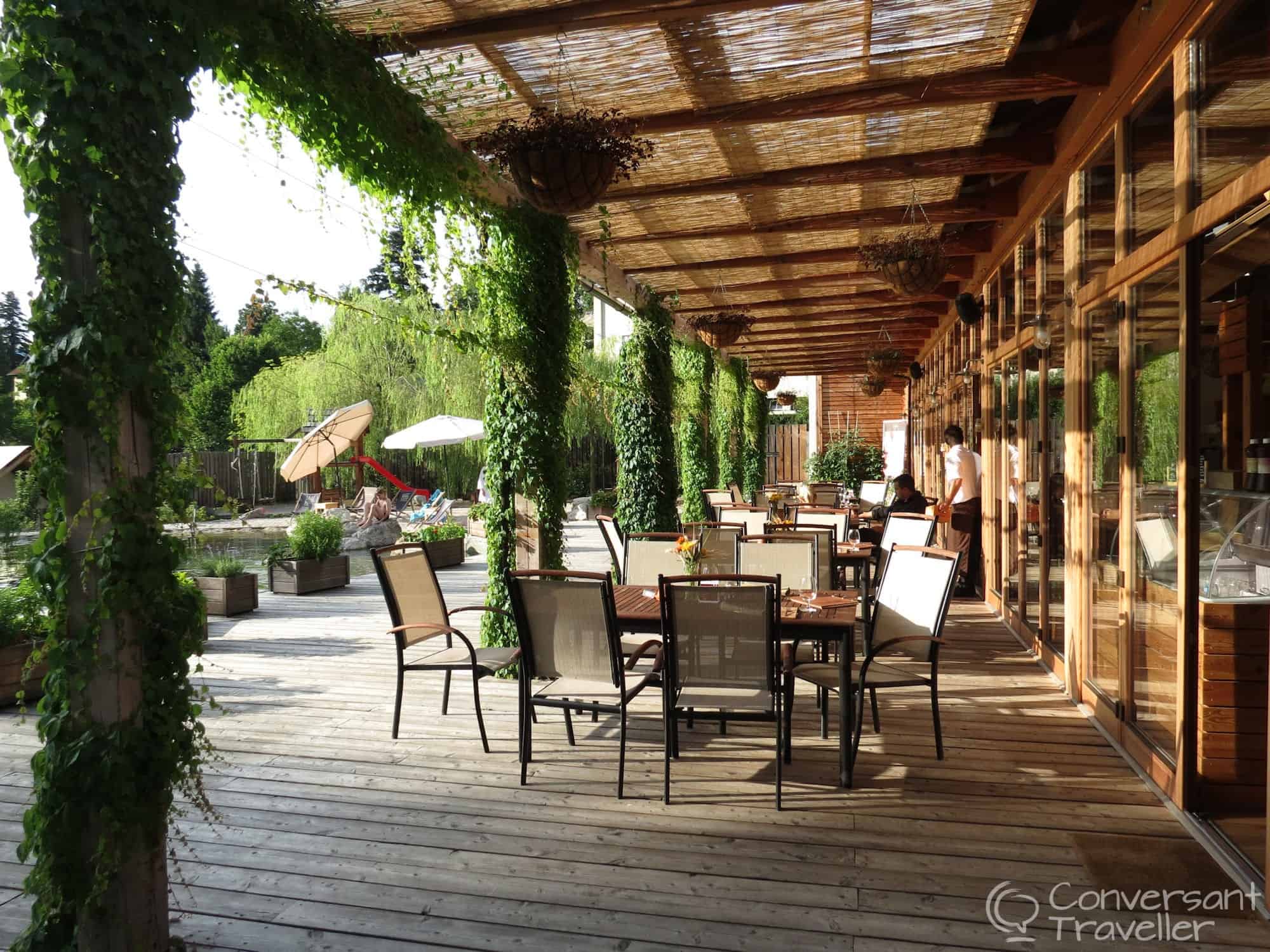 Greenhouse restaurant, sleeping in a tree house, Garden Village Bled, Slovenia