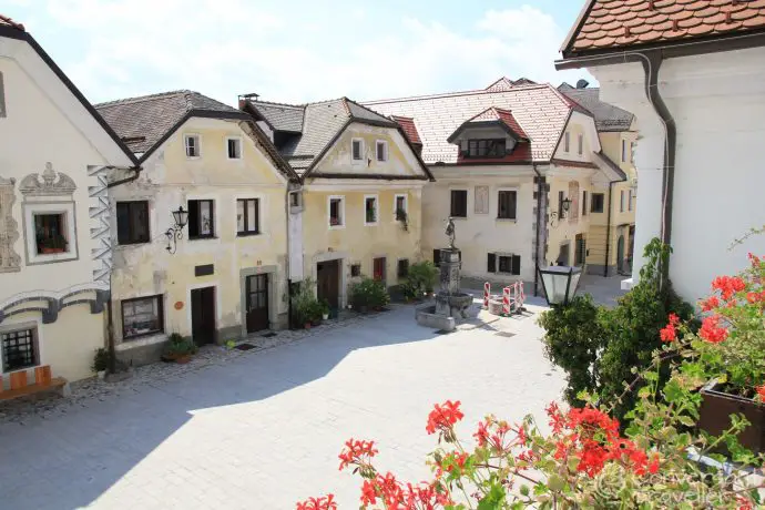 View of Linhart Square from Pension Lectar, Radovljica, Slovenia