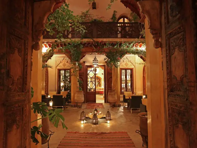 Romantically lit patio at La Maison Arabe, Marrakech