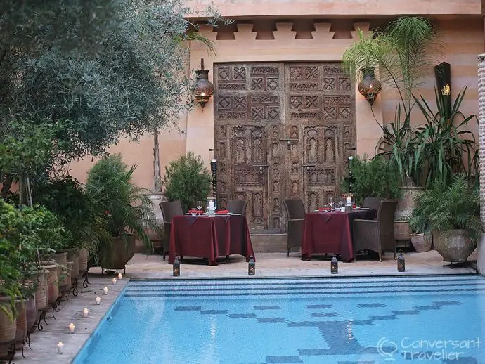 The pool restaurant at luxury hotel La Maison Arabe, Marrakech