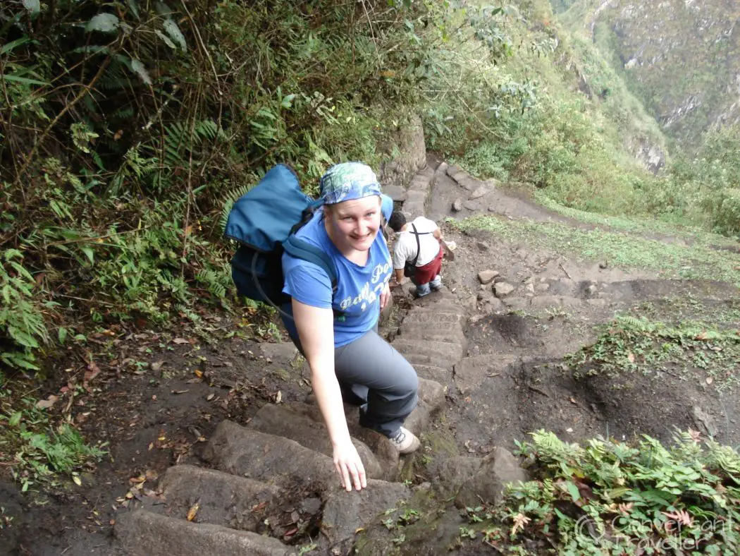 Climbing the steep Huayna Picchu at Machu Picchu in Peru