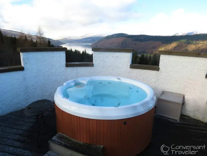 Roof top hot tub at the luxury retreat White Tower of Taymouth Castle, Scotland