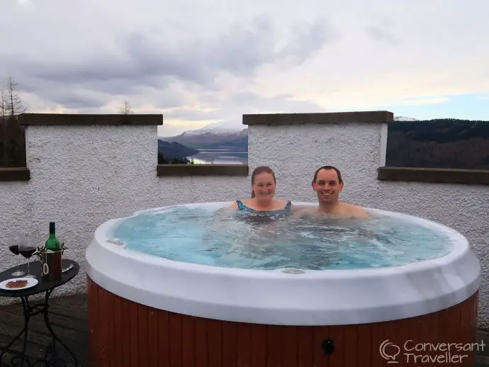 Roof top hot tub at the White Tower of Taymouth Castle, luxury Scotland self catering retreat