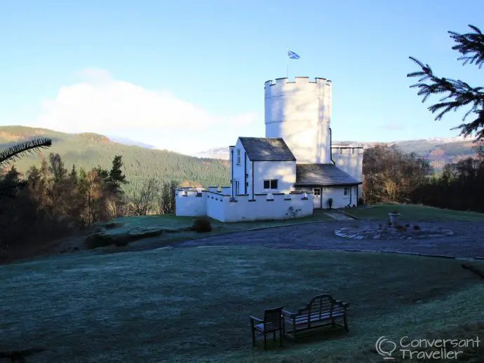 A frosty morning at the White Tower of Taymouth Castle luxury Scottish wilderness retreat, Scotland