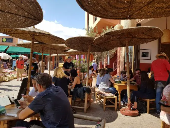 People sitting on stools under parasols