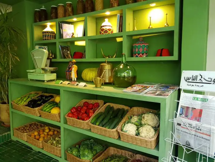 Shelving with baskets of vegetables
