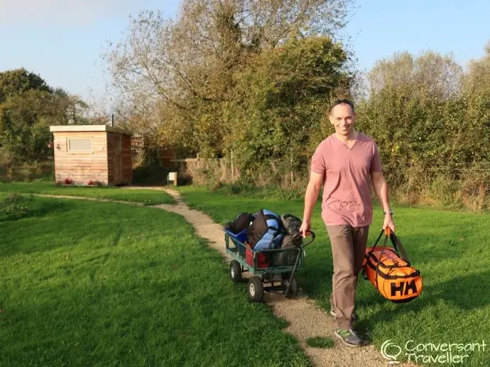 Pulling in the luggage - Gloucestershire Glamping, quirky accommodation at the Glamping Orchard with Warwick Knight caravan