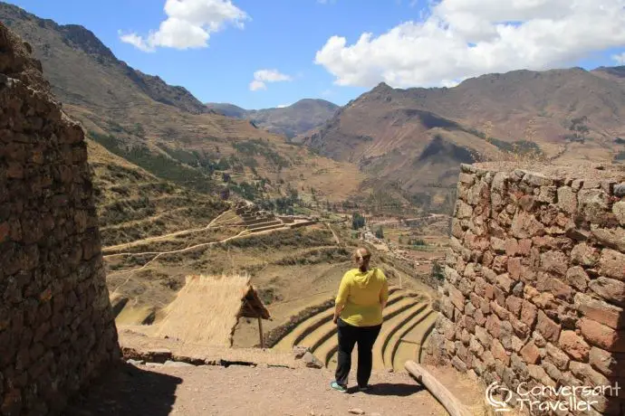 Visiting the Pisac ruins in the Sacred Valley near Cusco Peru