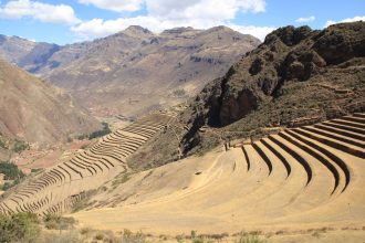 Visiting the Pisac ruins in the Sacred Valley near Cusco Peru