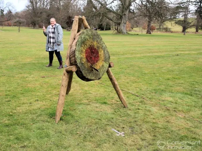 Tomahawk throwing at Roxburghe Shooting School at Roxburghe Hotel near Kelso in the Scottish Borders