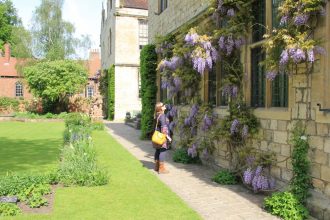 Admiring the wisteria at Treasurers House in York