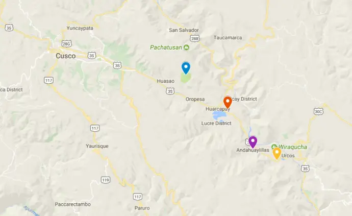 Map of Tipon, Pikilacta, Andahuaylillas and Huaro near Cusco in Peru