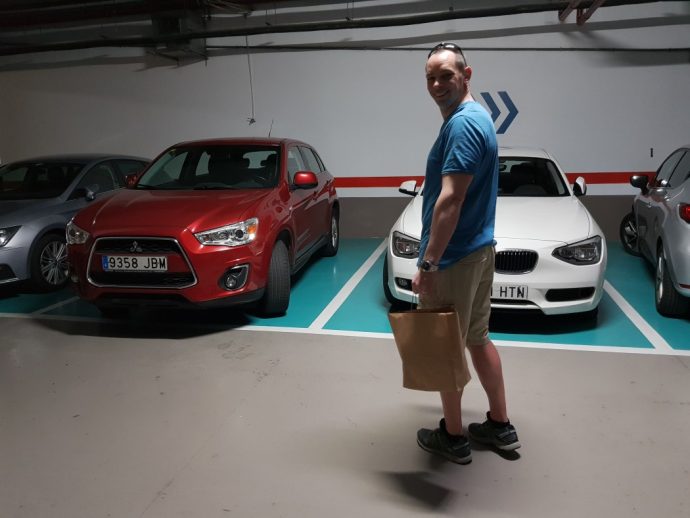 Car park at our hotel in Tenerife - Hubbie with his remaining possessions after the theft