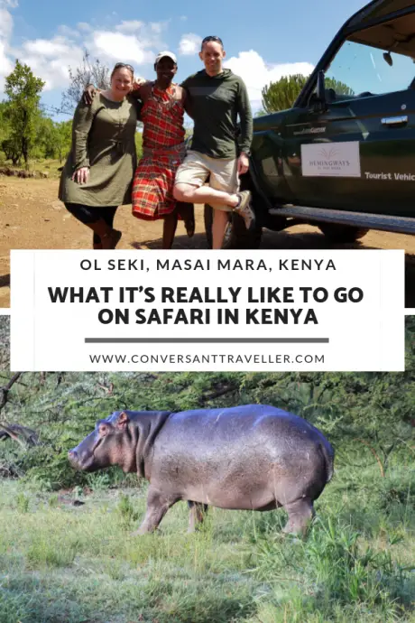 A safari in the Masai Mara in Kenya, a pinterest pin showing a hippo and safari vehicle