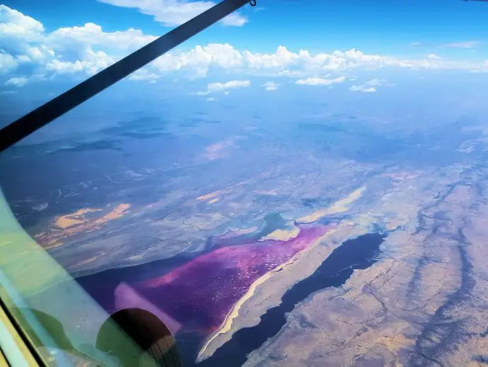 Flying over pink Lake Magadi in Kenya