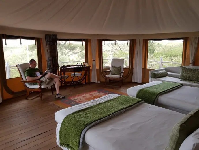 Inside a tent at Ol Seki on safari in Kenya - the bedroom area