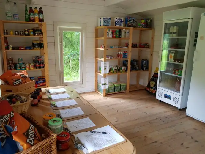 shelves with cooking produce and childrens games