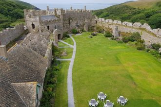 Ruined castle walls surrounding a green lawn area and the sea in the distance