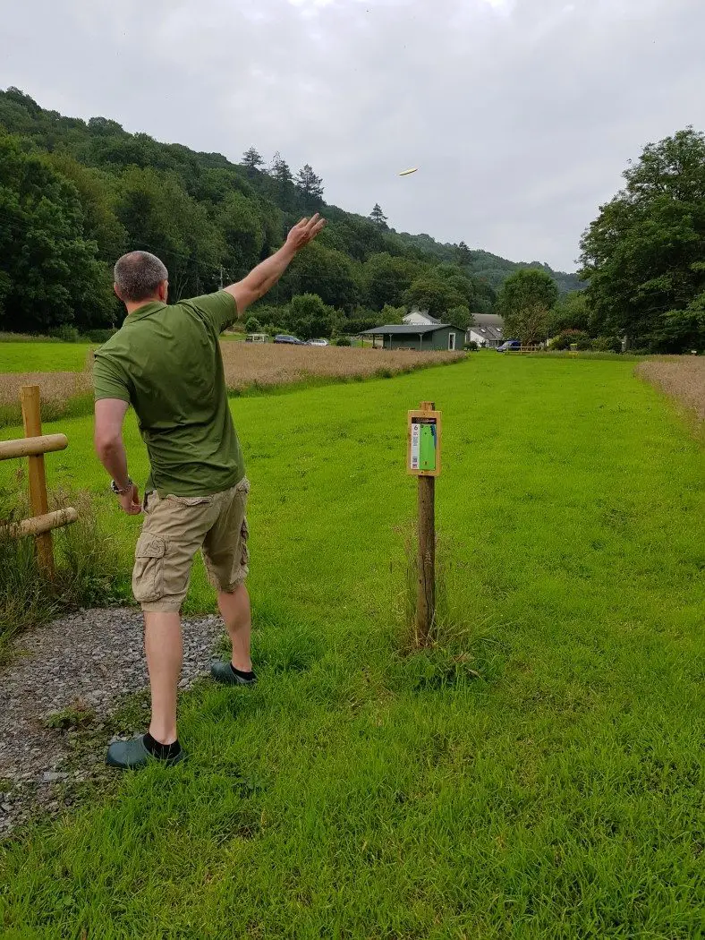 Man in green tshirt throwing yellow frisbee towards the other end of a large field surrounded by trees on either side