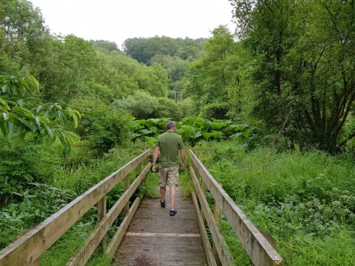 Man walking across a wooden bridge surrounded by trees in a forest